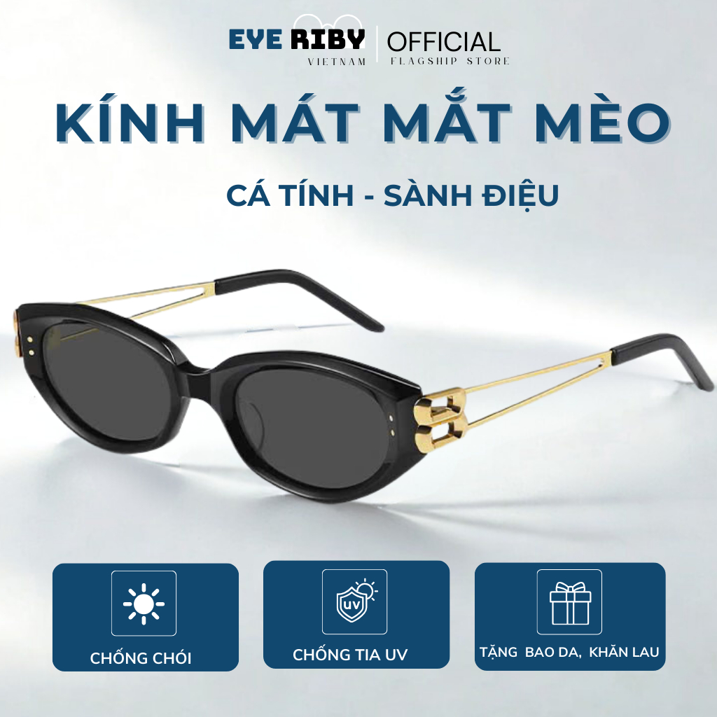 Kính Râm Mắt Mèo Đi Biển EYERIBY Kính Mát Thời Trang Nam Nữ Gọng Kim Loại Titanium Chống Tia UV Phong Cách Hàn Quốc R33