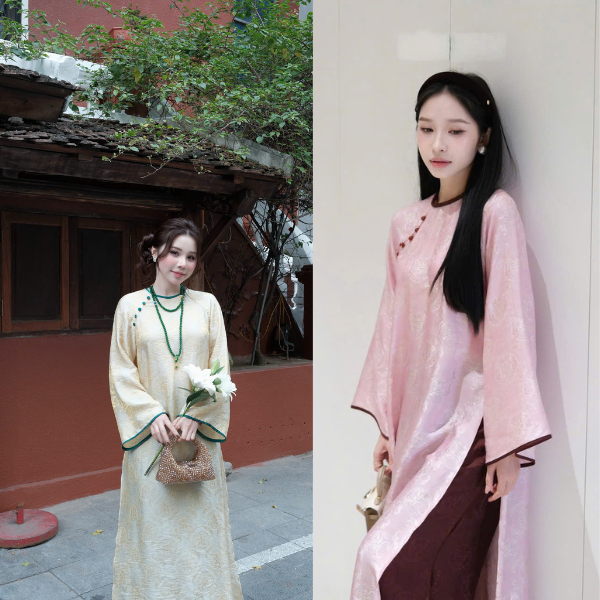 ZIMM STORE-Áo Dài Nữ Cách Tân Hồng Phấn Tay Dài Dáng Suông Thanh Lịch Tôn Dáng