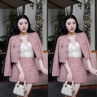 MIMI CLOTHING -Set Váy Tweed Hồng Nữ Áo Khoác Ngắn Chân Váy ngắn
