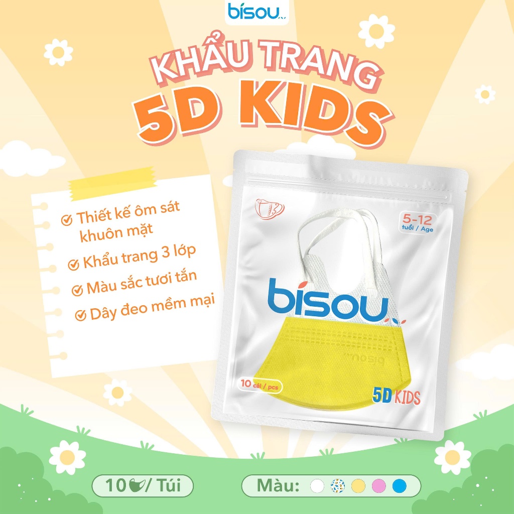 Túi 10 cái khẩu trang cao cấp 5D kids hiệu BISOU