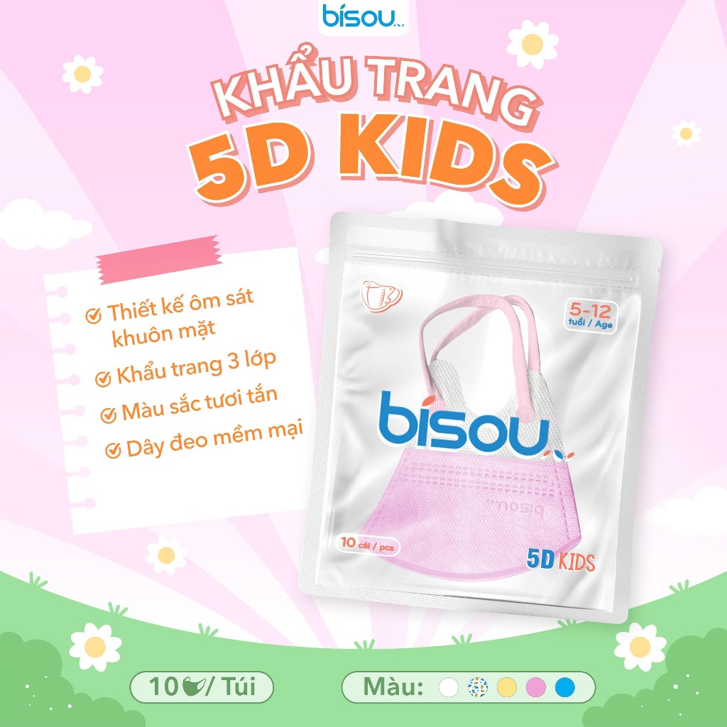 Túi 10 cái khẩu trang cao cấp 5D kids hiệu BISOU
