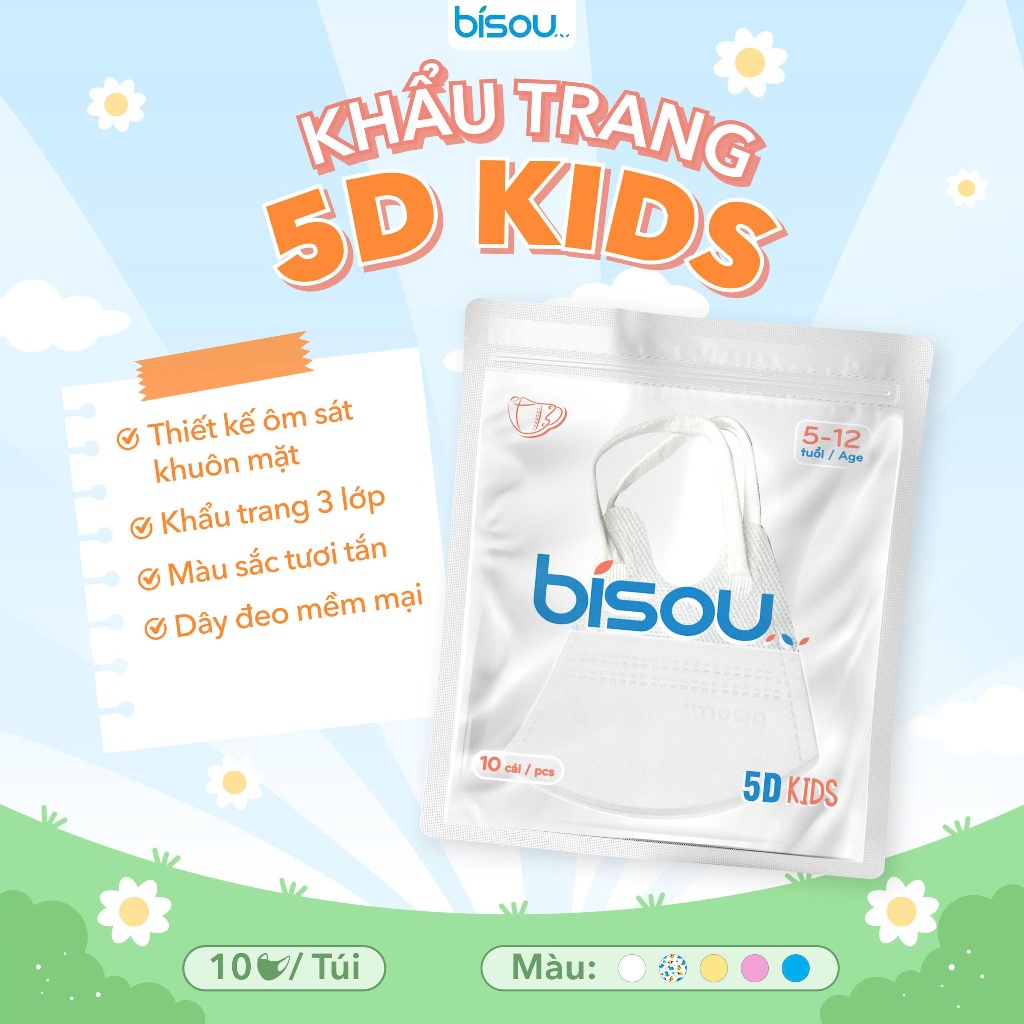 Túi 10 cái khẩu trang cao cấp 5D kids hiệu BISOU
