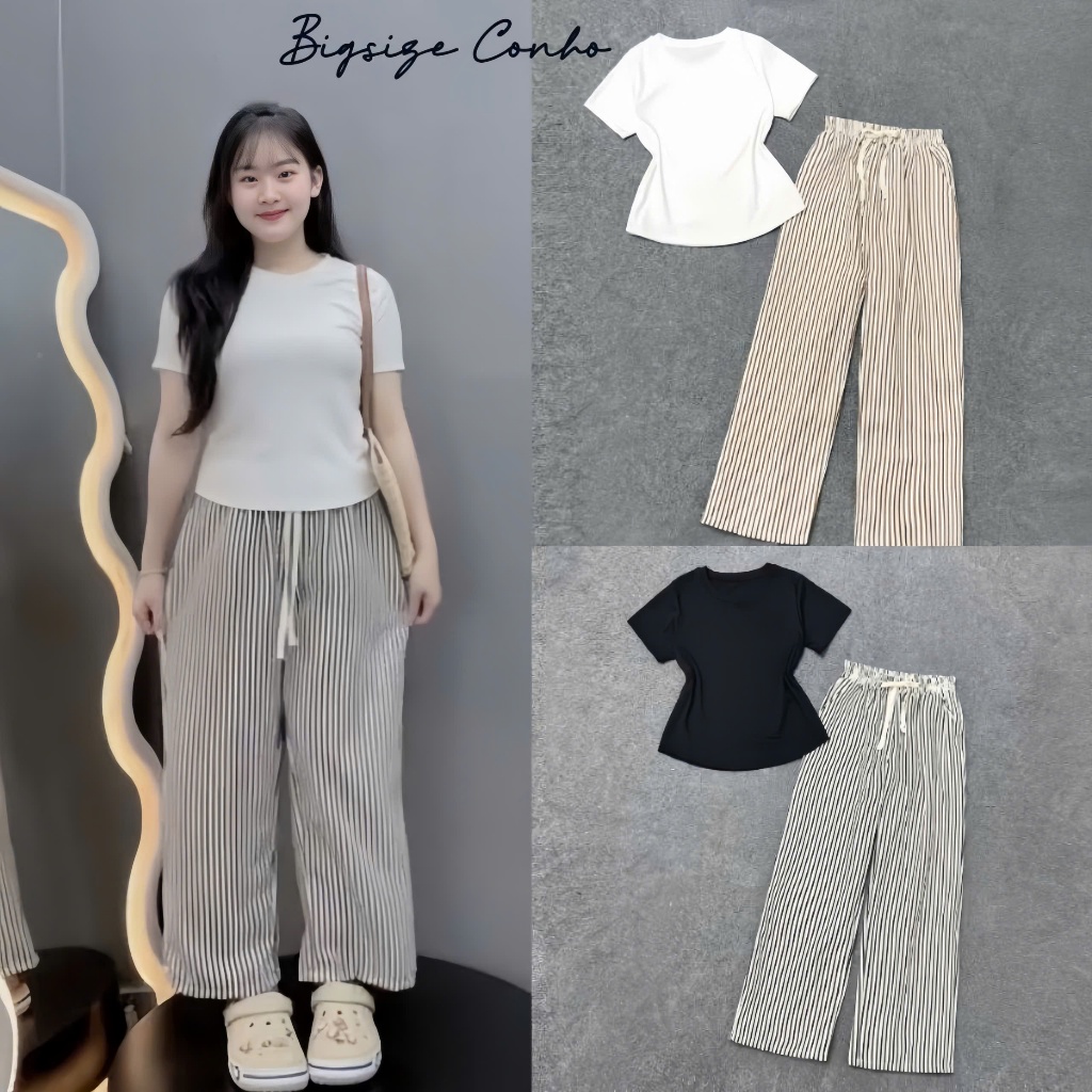 Set Bộ Quần Dài Kẻ Sọc Kiểu Bigsize Nữ Áo Thun Trơn Kèm Quần Dài Suông Vải Đũi Mát SET972