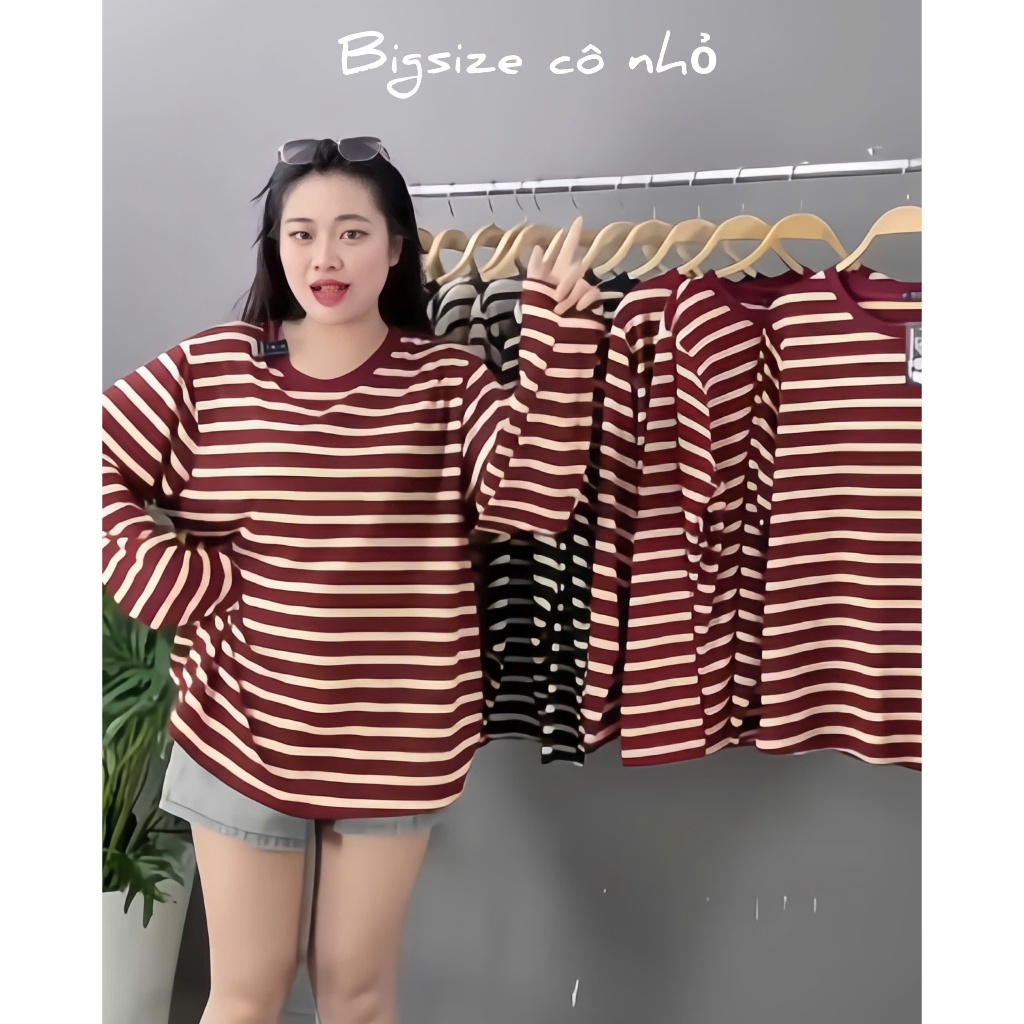 [50-100kg]Áo Thun Bigsize Kẻ Sọc Ngang Form Rộng Cho Nữ Chubby Vải Cotton Co Giãn Thoáng Mát A311