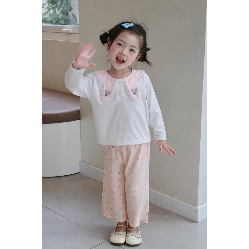Set bộ dài tay bé gái 1-6 tuổi cổ yếm thỏ mix quần dáng suông, chất cotton mềm mại Miniumbaby SB2433