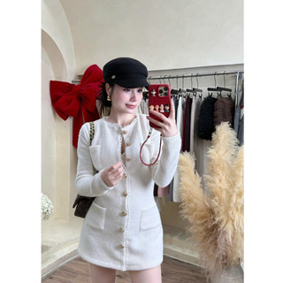 LOU BAE| (HÀNG CHUẨN L1) Đầm Nữ Tay Dài Dáng Ngắn Chất Dạ Lông Có Lót