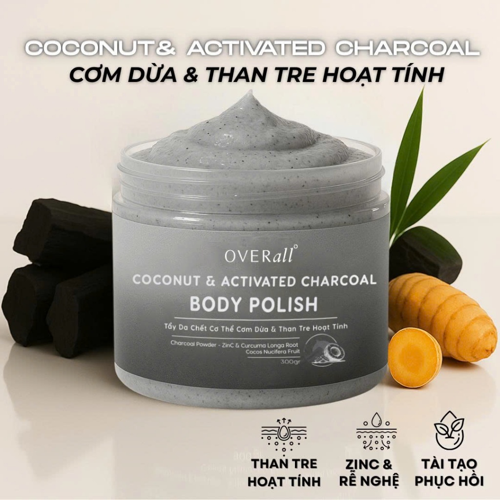 Tẩy Da Chết Cơ Thể Giảm Viêm Mụn Đào thải  Phục hồi Da Cháy nắng Cơm Dừa &Than Tre OVERall 300G
