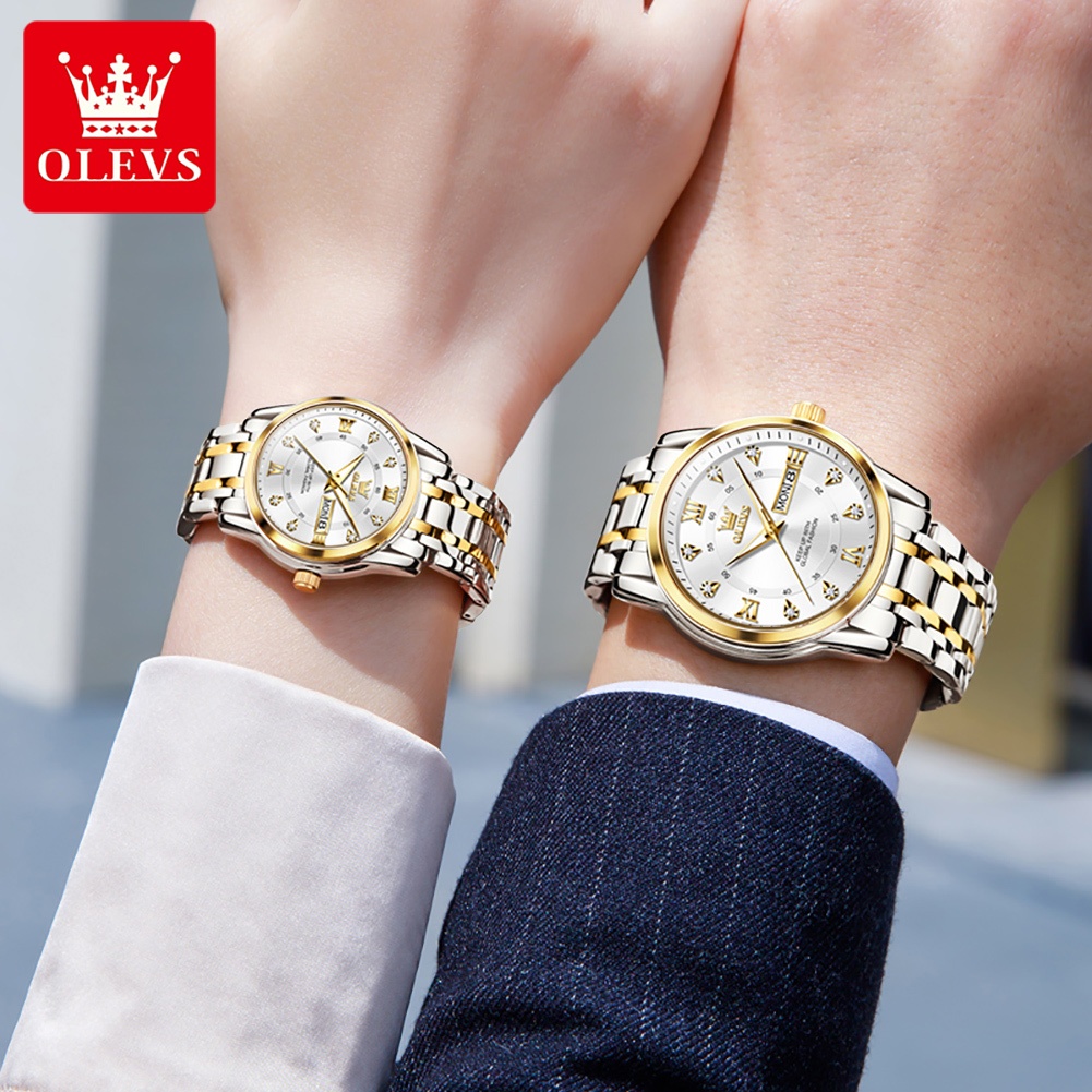 OLEVS Đồng hồ Cặp Chính hãng dây đeo bằng thép không gỉ lịch có chức năng phát sáng chống thấm 5513