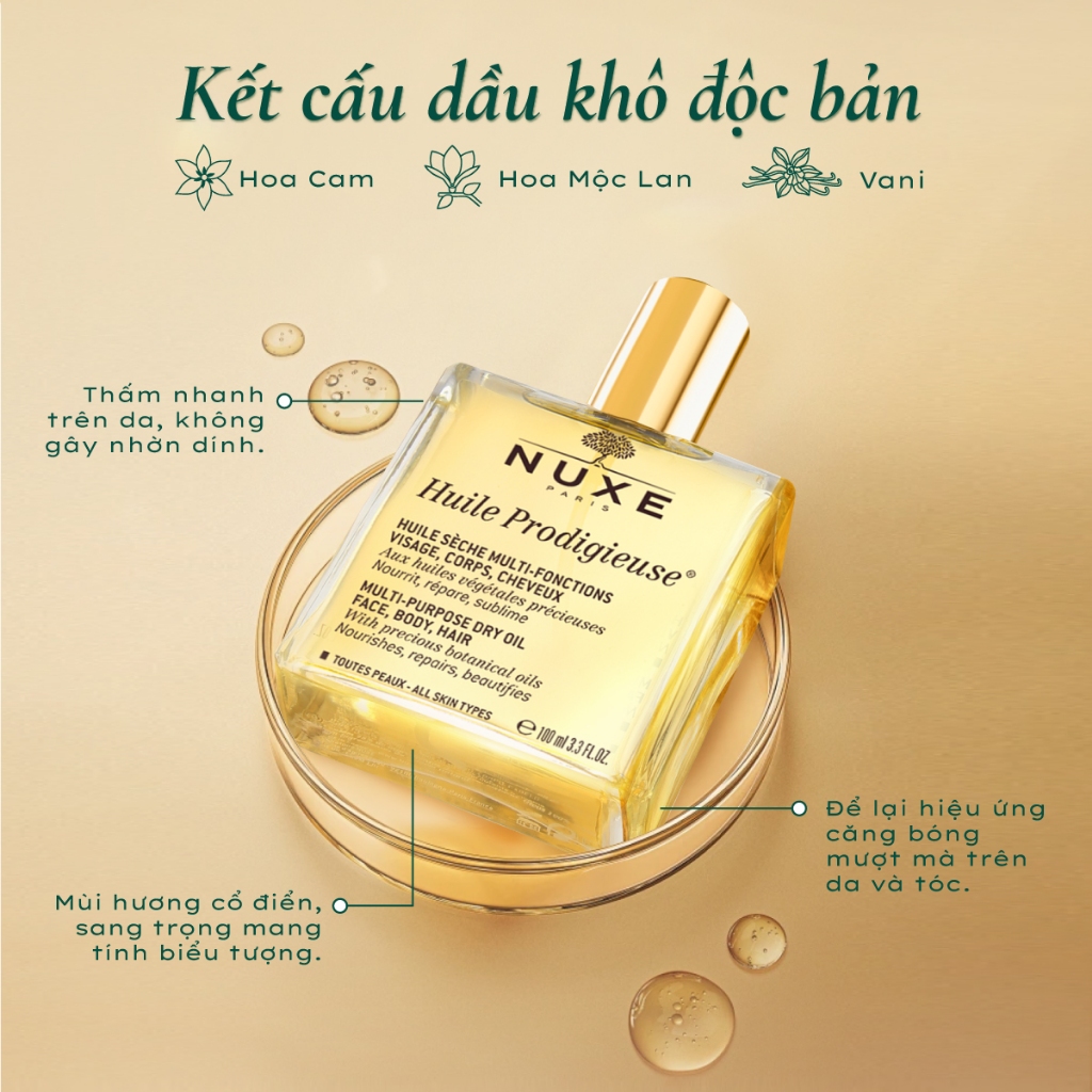 Combo Dầu khô Nuxe Huile Prodigieuse Multi-Purpose Dry Oil 50ml & Gel rửa mặt tắm toàn thân