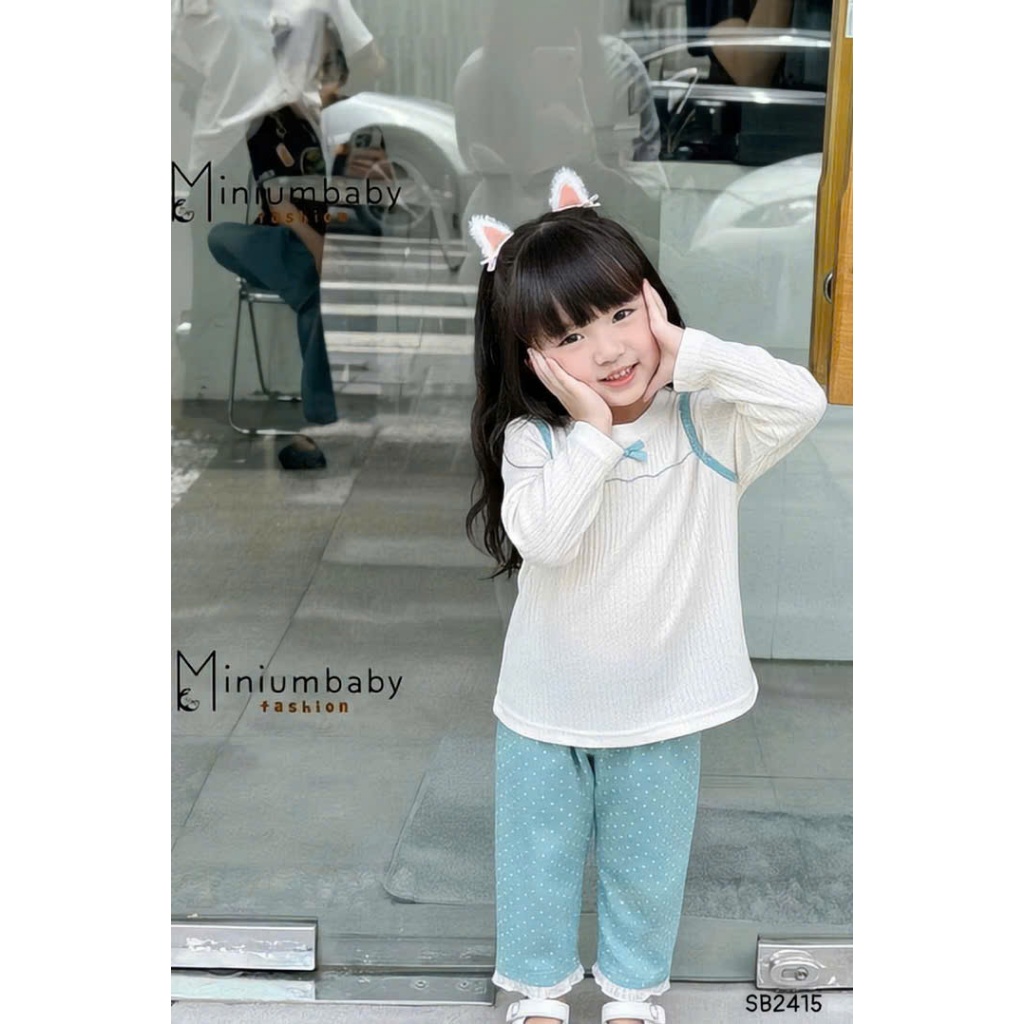 Set bộ dài tay bé gái Miniumbaby, set bộ thu đông đính nơ chấm bi, chất vải cotton mềm mại SB2415