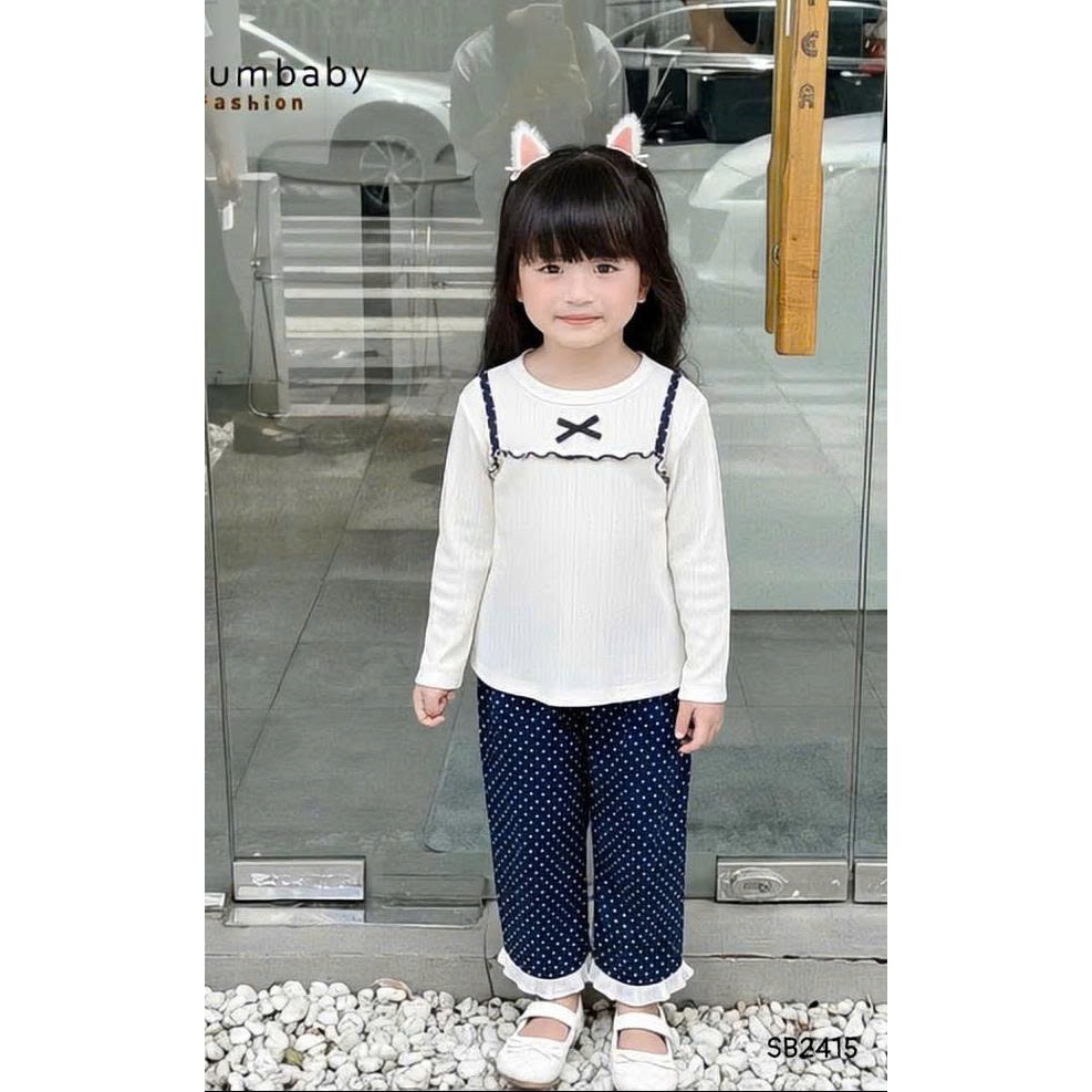 Set bộ dài tay bé gái Miniumbaby, set bộ thu đông đính nơ chấm bi, chất vải cotton mềm mại SB2415