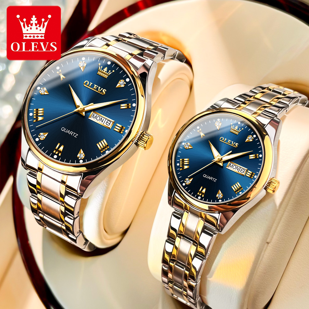 OLEVS Đồng hồ Các Cặp đôi Chính hãng dây đeo bằng thép không gỉ lịch Quà có chức năng phát sáng 5563