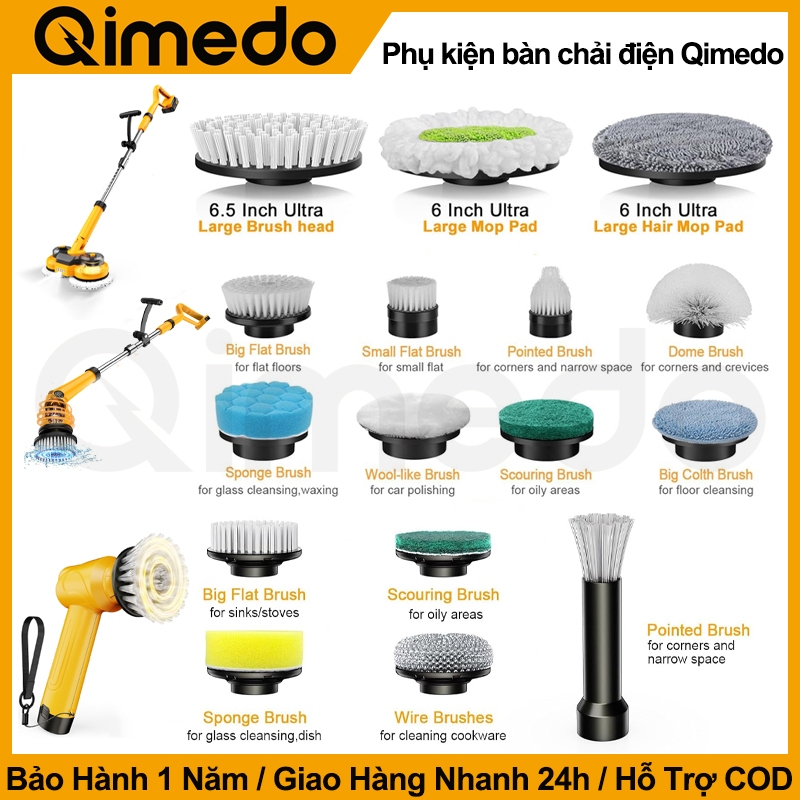 Bộ Phụ Kiện Bàn Chải Vệ Sinh Qimedo, Đầu Bàn Chải Đa Năng Chống Nước Ipx7 + Pin Dung Lượng Cao 21V + Bộ Chuyển Đổi Nguồn