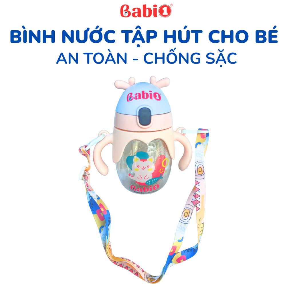 Bình Nước Babi1 Tập Hút, Tập Uống Có Dây Đeo, Tay Cầm & Ống Hút Chống Sặc An Toàn Cho Bé 350ml