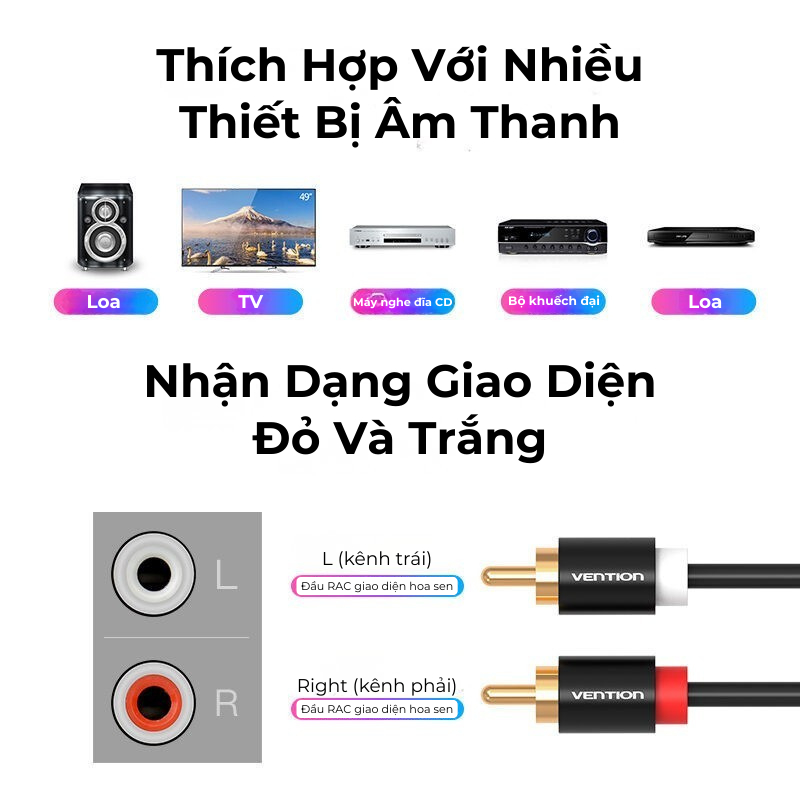 Cáp Âm Thanh RCA to RCA Vention Mạ Vàng - Dây AV 2 Đầu RCA Kết Nối Loa, TV, DVD, Amplifier Âm Thanh Rõ Nét Giảm Nhiễu