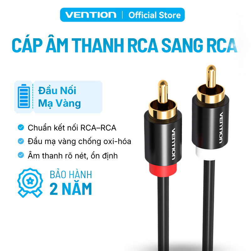 Cáp Âm Thanh RCA to RCA Vention Mạ Vàng - Dây AV 2 Đầu RCA Kết Nối Loa, TV, DVD, Amplifier Âm Thanh Rõ Nét Giảm Nhiễu