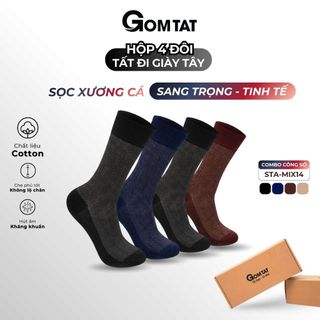 Hộp 4 đôi tất nam công sở GOMTAT mẫu sọc xương cá, chất liệu cotton cao cấp thoáng khí êm chân - STA-MIX14-CB4