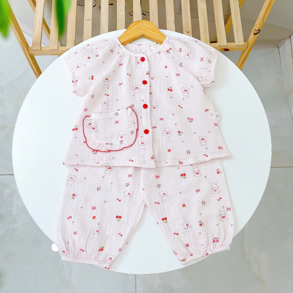 Bộ đồ ngủ bé gái tay ngắn xô muslin Lá Homewear A367, đồ dài cho bé cộc tay dễ thương