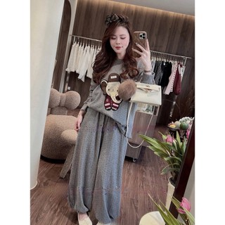 Set bộ nỉ xám bi Loại 1 thiết kế áo hình voi mix quần bom bo chun siêu xinh