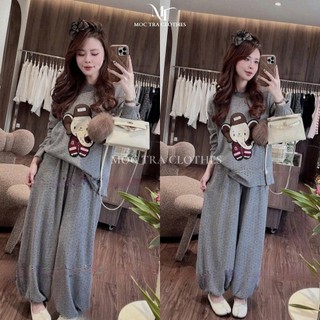 Set bộ nỉ xám bi Loại 1 thiết kế áo hình voi mix quần bom bo chun siêu xinh