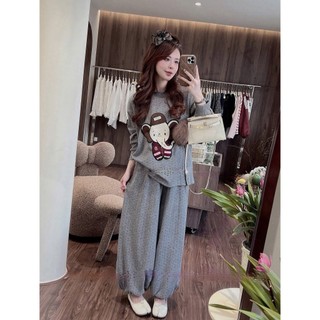 Set bộ nỉ xám bi Loại 1 thiết kế áo hình voi mix quần bom bo chun siêu xinh