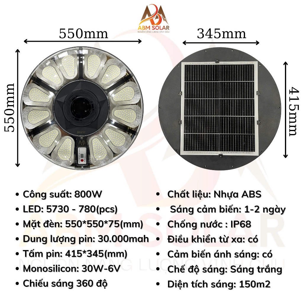 [800W] Đèn Năng Lượng Mặt Trời UFO Hoa Cúc 800W, Chống Nước IP68, Nhựa ABS Cao Cấp, Chiếu Sáng Sân Vườn, Ao Hồ ABM Solar