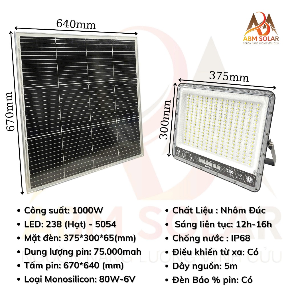 [1000W] Đèn Năng Lượng Mặt Trời Mắt Ngọc 1000w Vỏ Nhôm Chống Nước IP68 ABM SOLAR
