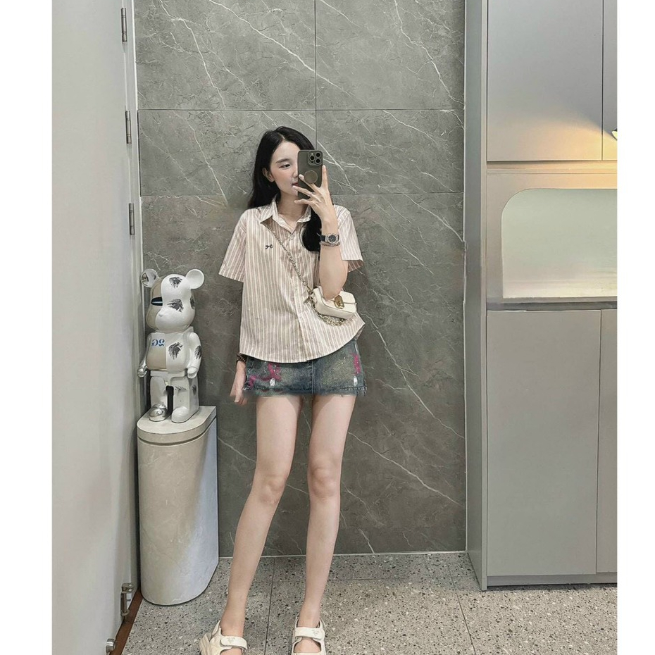 áo sơ mi kẻ sọc nữ cộc tay thêu nơ , áo sơ mi nữ cộc tay thêu nơ kiểu dáng hàn quốc Huyenstore.23 (A142)