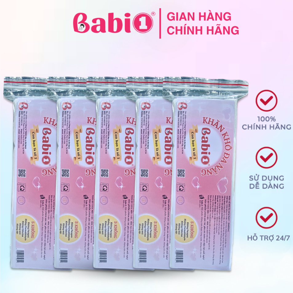 Combo 5 Gói Khăn Khô Babi1 Đa Năng Vải Không Dệt An Toàn Da Nhạy Cảm, Chuẩn 5 Không Cho Mẹ Và Bé