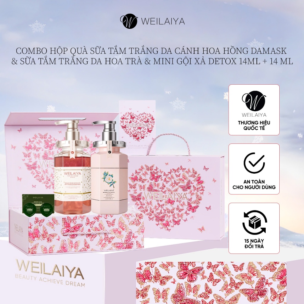 Set quà Sữa tắm trắng da cánh hoa hồng Damask 450ml và Sữa tắm trắng da, làm sạch da toàn thân Niacinamide WEILAIYA 450m