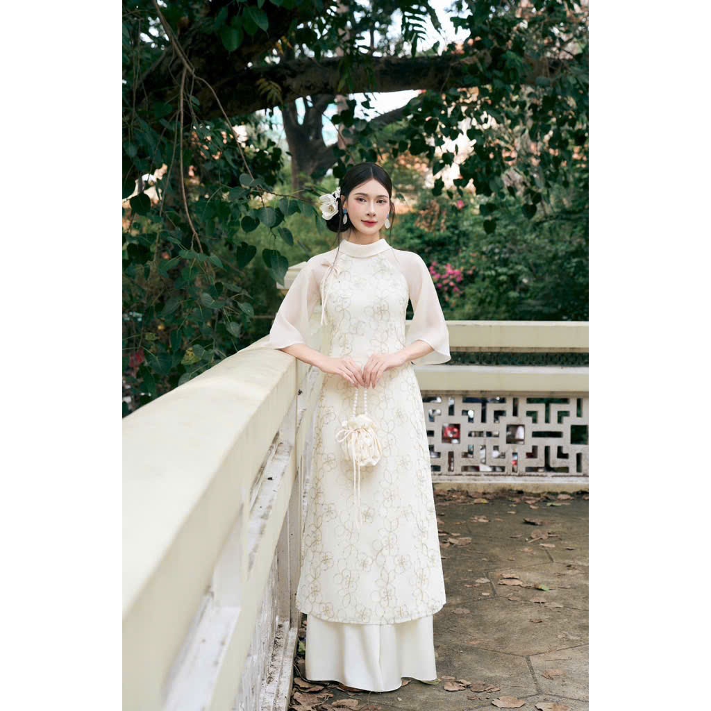 Thời Trang Nữ LASY| Áo Dài Cổ Tròn Gập Đính Nơ Tay Lửng Thêu Hoa Kim Sa Kèm Quần, Kiêu Sa, Tôn Dáng AD1555