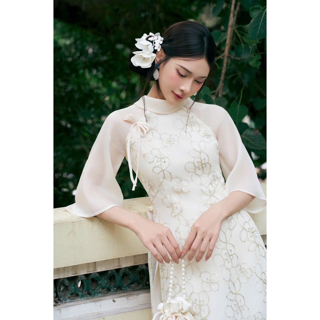 Thời Trang Nữ LASY| Áo Dài Cổ Tròn Gập Đính Nơ Tay Lửng Thêu Hoa Kim Sa Kèm Quần, Kiêu Sa, Tôn Dáng AD1555