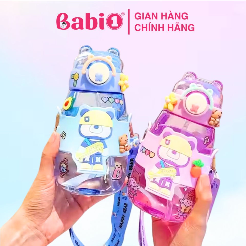 Bình Nước Babi1 Cho Bé Đi Học Có Ống Hút & Quai Đeo Nhựa PP, Silicon Siêu Bền 600ml