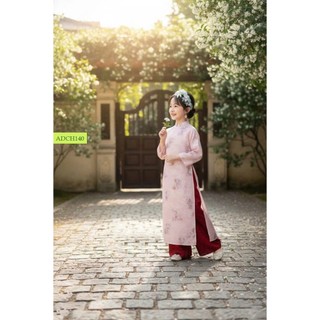 [B&G] áo dài truyền thống thêu hoa Xanh, Hồng cho bé gái diện tết 3-12 tuổi