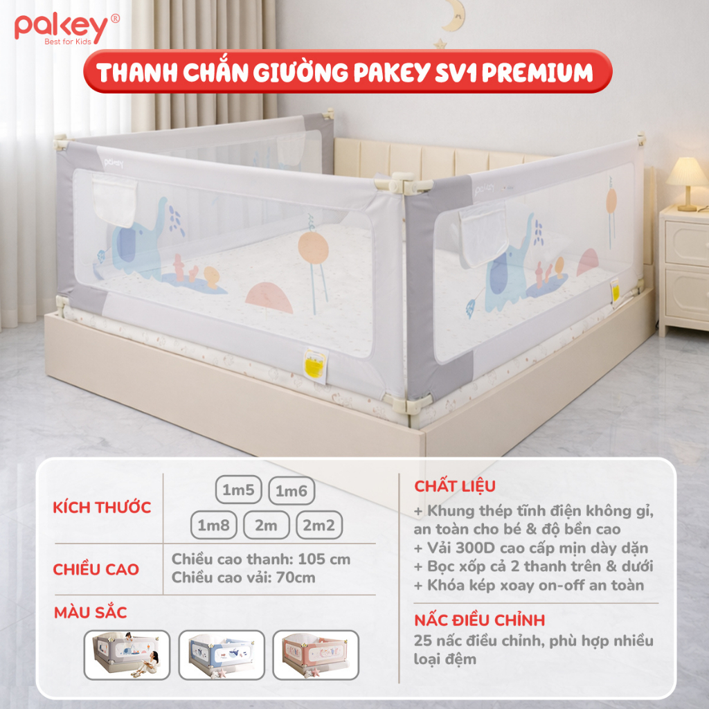 Thanh Chắn Giường Pakey Premium SV1 Cao Cấp, Cải Tiến Chốt Khoá Trên Dưới Chống Xê Dịch, Mẫu Mới Nhất 2026