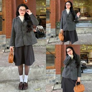 Áo Dạ Cổ Vest Nữ Phối Nơ 2 Túi 247store Blazer Tweed Form Rộng Sang Trọng Mặc Đi Làm Đi Đà Lạt Thu Đông 2025