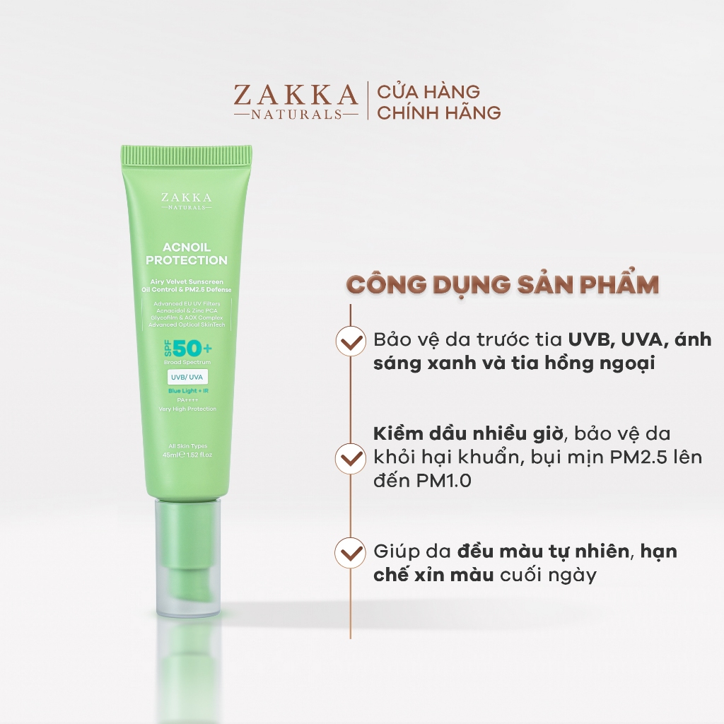 Kem chống nắng phổ rộng Acnoil Protection Zakka Naturals kiềm dầu mỏng nhẹ 45ml