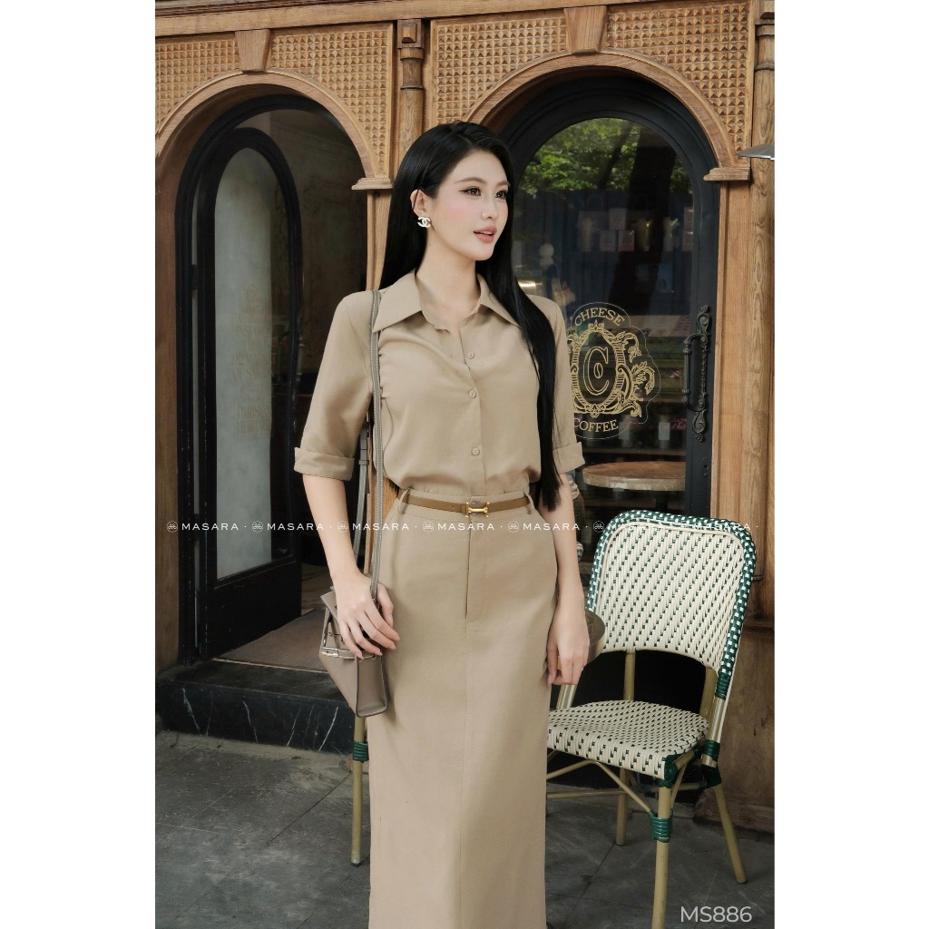 Set Masara áo sơ mi phối chân váy suông dài tone nâu thanh lịch, phong cách công sở MS886