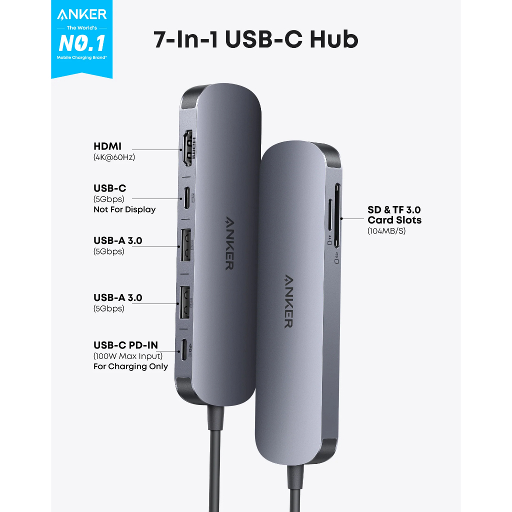 ANKER Nano Hub USB-C 7-in-1,HDMI 4K60Hz, SD/TF 3.0, PD100W, USB3.0 5Gbps - A83D2