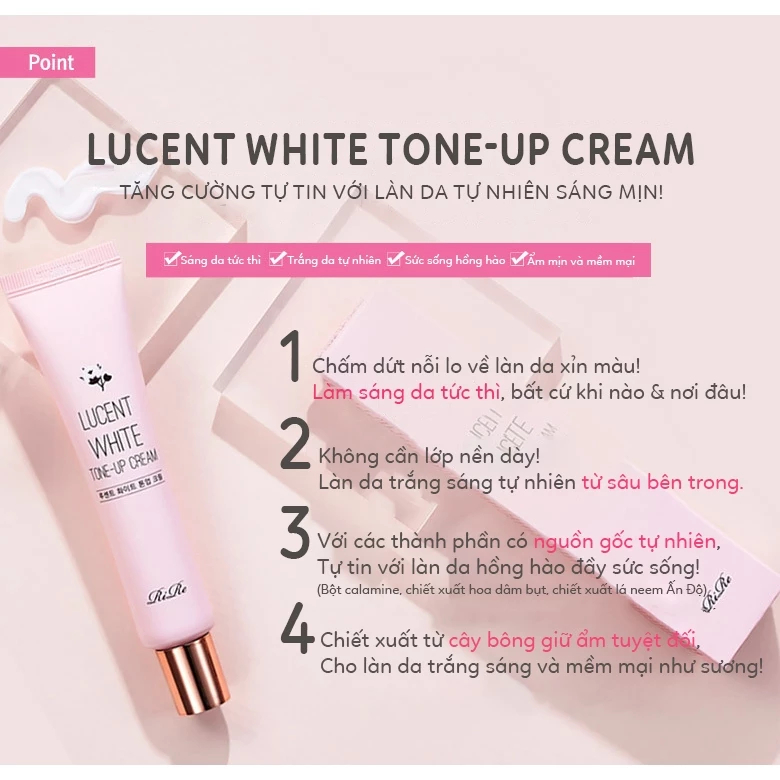 KEM DƯỠNG NÂNG TONE ĐA NĂNG 2 TRONG 1 - RIRE LUCENT WHITE TONE UP CREAM 40ml