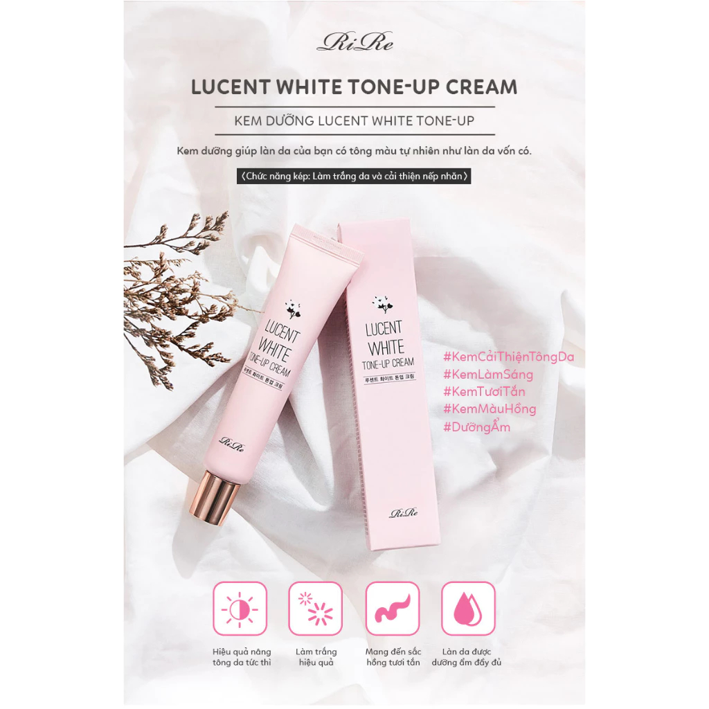 KEM DƯỠNG NÂNG TONE ĐA NĂNG 2 TRONG 1 - RIRE LUCENT WHITE TONE UP CREAM 40ml
