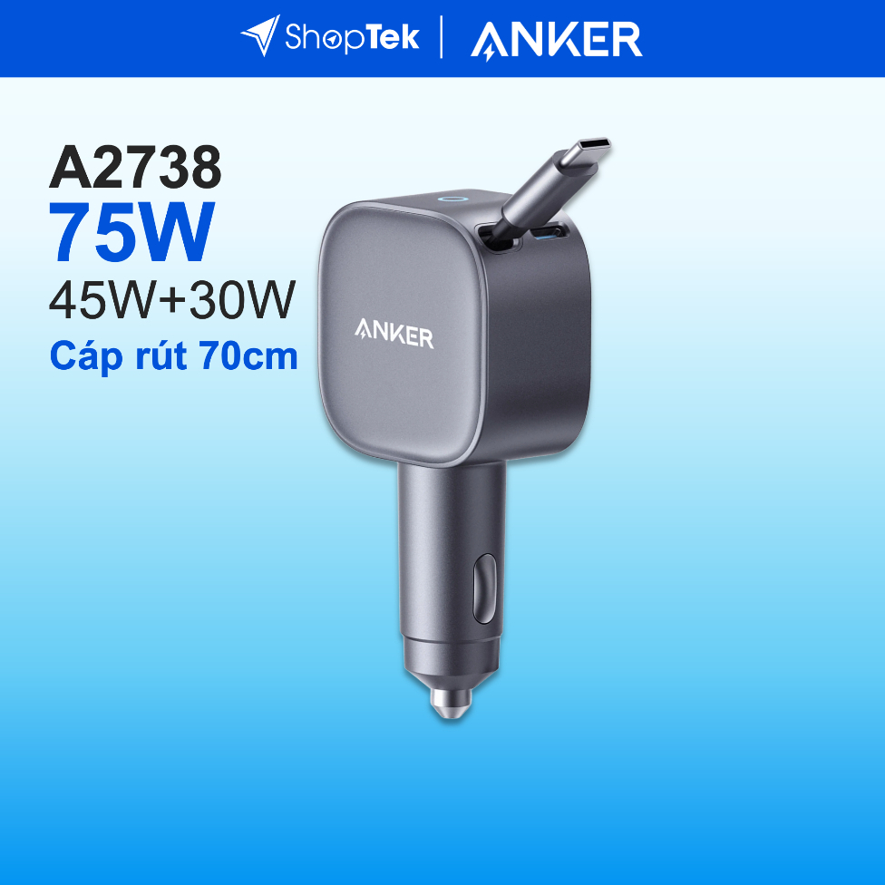 ANKER Nano A2738 Tẩu sạc ô tô 75W Max tích hợp cáp rút Type-C, sạc cùng lúc 2 thiết bị | A2738