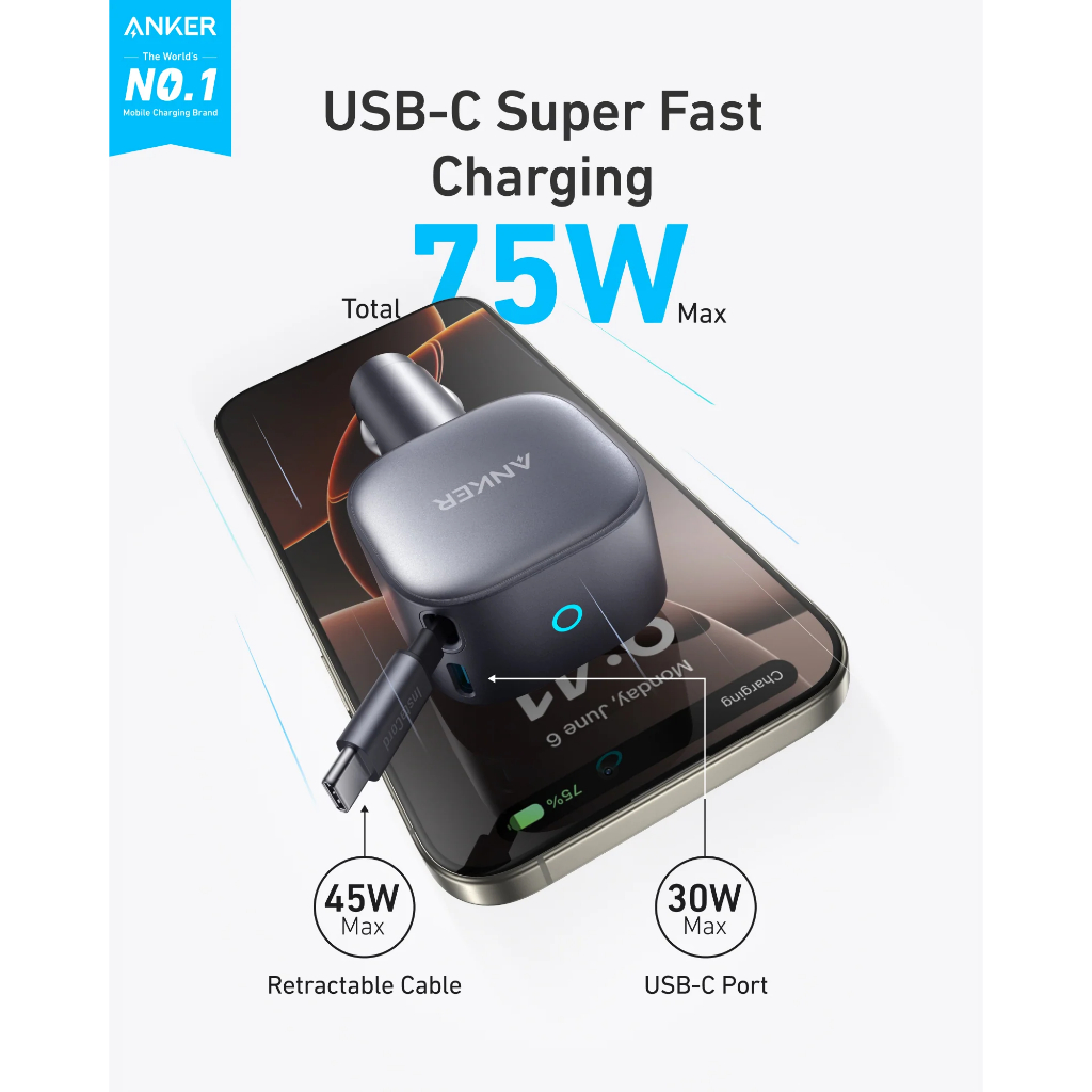 ANKER Nano A2738 Tẩu sạc ô tô 75W Max tích hợp cáp rút Type-C, sạc cùng lúc 2 thiết bị | A2738