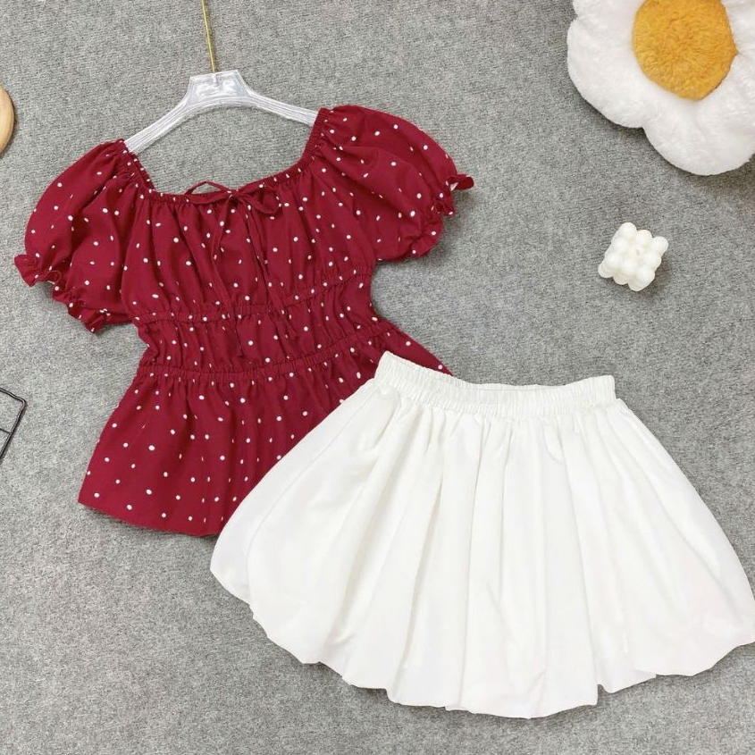 Set Đồ Nữ Áo Chấm Bi Tay Bồng Phối Chân Váy Xòe –  Đi Chơi, Dạo Phố, Nữ Tính Trẻ Trung A282-CV423