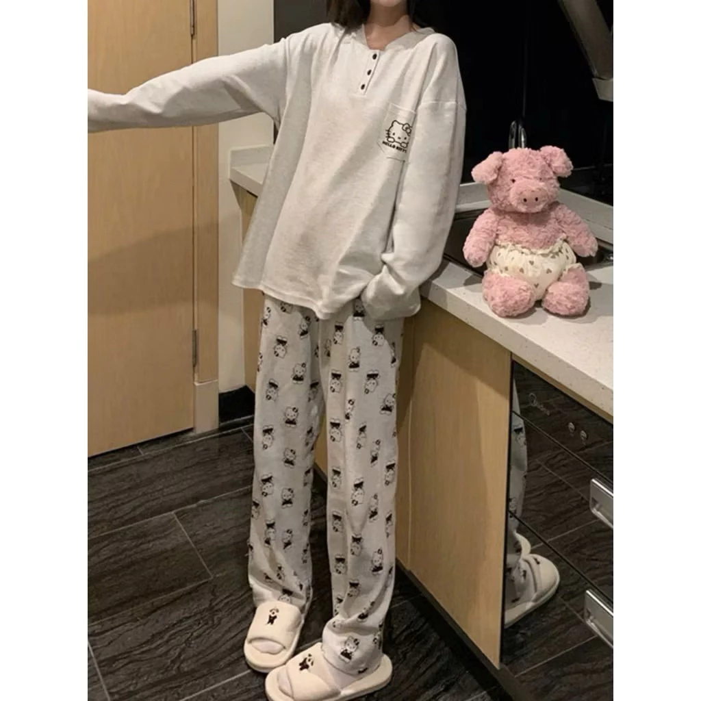 [Peinn] Set Bộ Nỉ Nữ Phối Cúc In Hình Kitty 2 Màu Form Rộng Dễ Thương, Chất Nỉ Cotton Mịn