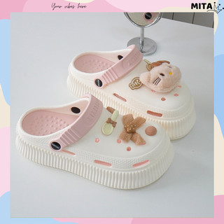 Dép sục nữ đế cao 5.5cm XIXITIAO kèm charm Mèo nơ nâu kiểu sandal quai hậu CSM-52 Mita