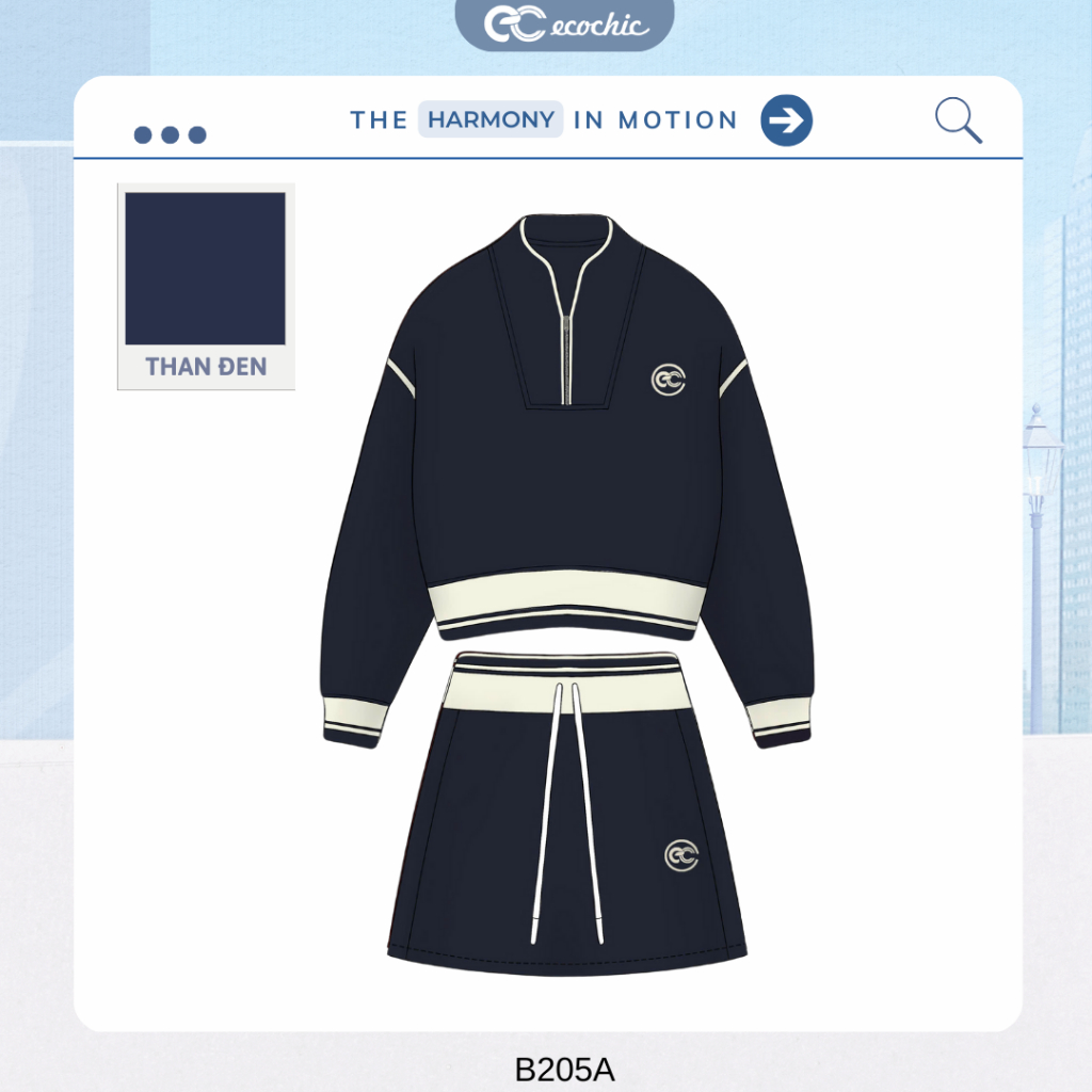 Set Chân Váy ECOCHIC Áo Crop Halfzip Nỉ Mịn Cổ Khoá Zip Cao Cấp Mềm Mịn Chính Hãng HNH B217