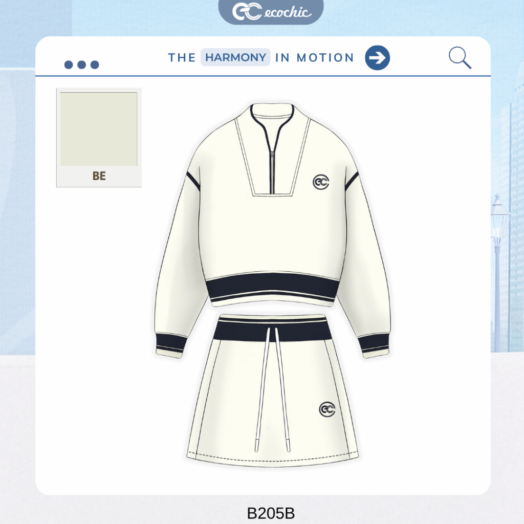 Set Chân Váy ECOCHIC Áo Crop Halfzip Nỉ Mịn Cổ Khoá Zip Cao Cấp Mềm Mịn Chính Hãng HNH B217