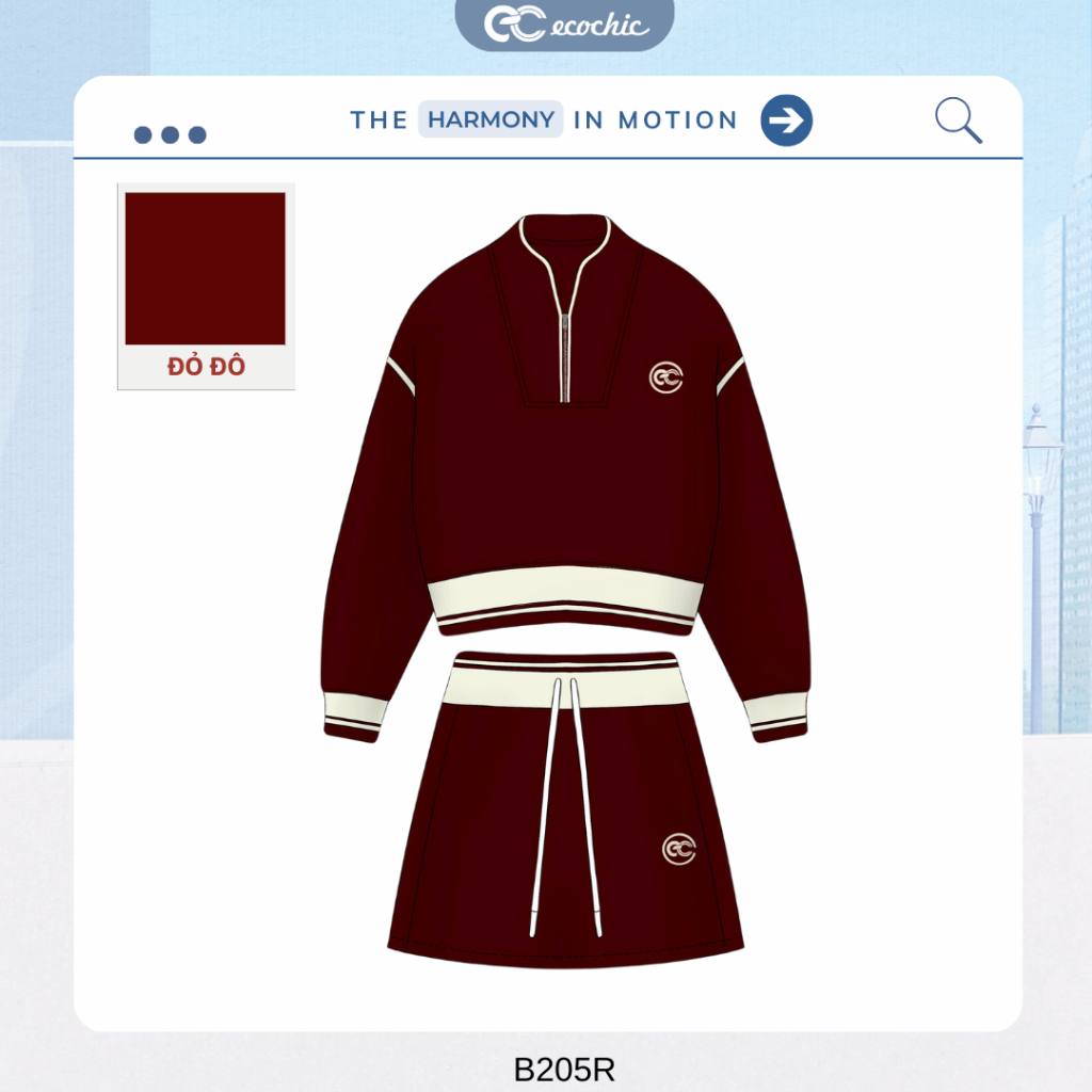 Set Chân Váy ECOCHIC Áo Crop Halfzip Nỉ Mịn Cổ Khoá Zip Cao Cấp Mềm Mịn Chính Hãng HNH B217