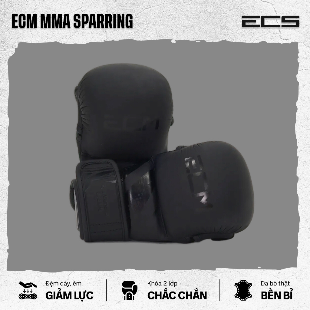 Găng tay hở ngón MMA sparing ECM, Đệm êm giảm lực, Khoá 2 lớp chắc chắn, Da bò nguyên tấm bền bỉ